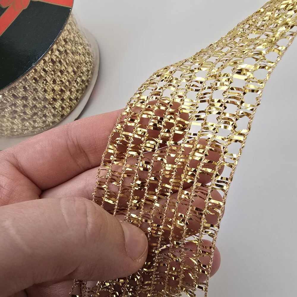 Vintage Gold Glitter Ribbon Spools Christmas Decor Set Of 3